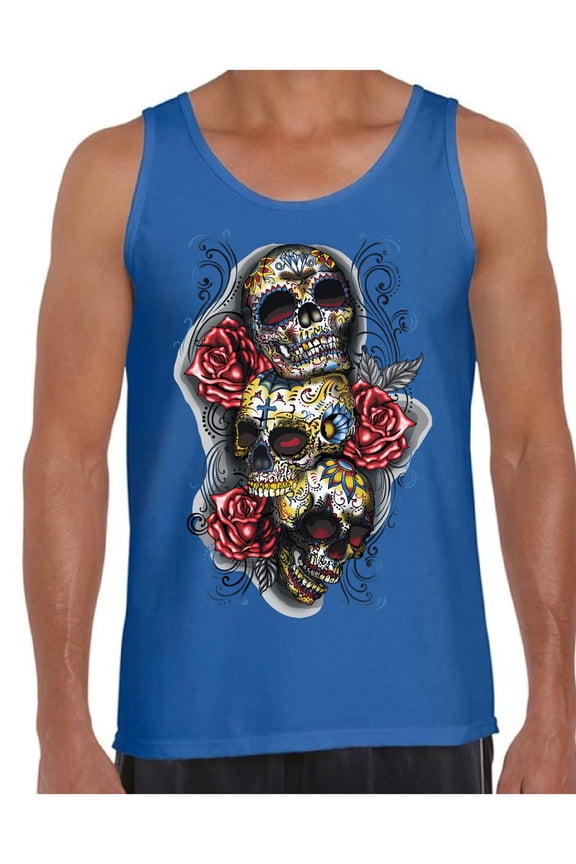 Three Sugar Skull Tank Top for Men Sugar Skull Tank Day of the Dead Muscle Shirt for Men Halloween Gifts Dia de los Muertos Outfit Sugar Skulls Tank Top Skull Red Roses Muscle Tank