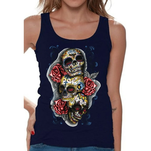 Awkward Styles Three Sugar Skull Tank Top for Women Sugar Skull Tank Day of the Dead Sleeveless Shirt for Women Halloween Gifts Dia de los Muertos Outfit Sugar Skulls Tank Top Skull Red Roses Tank