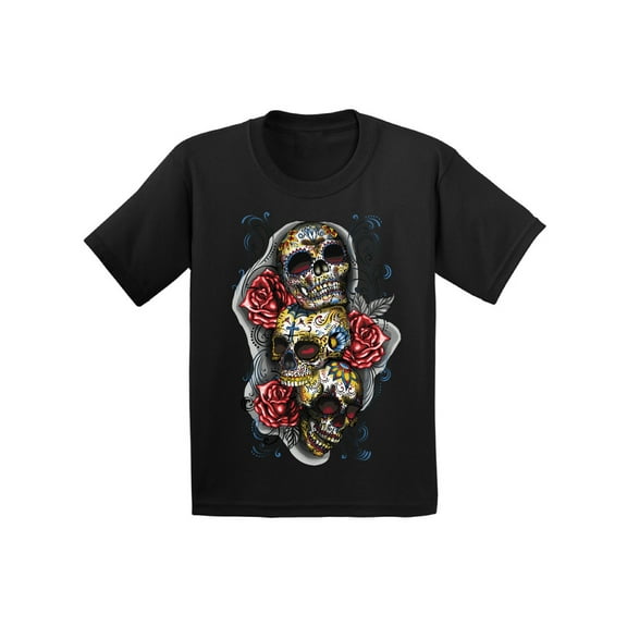 Awkward Styles Three Sugar Skull Tshirt for Kids Skull Red Roses Shirt Sugar Skull Youth Shirt Day of the Dead Shirt Dia de los Muertos Gifts for Kids Skull Shirt Halloween Outfit Sugar Skulls Tshirt