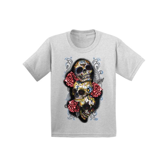Awkward Styles Three Sugar Skull Tshirt for Kids Skull Red Roses Shirt Sugar Skull Youth Shirt Day of the Dead Shirt Dia de los Muertos Gifts for Kids Skull Shirt Halloween Outfit Sugar Skulls Tshirt