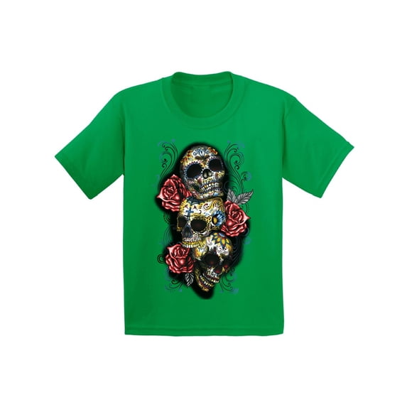 Awkward Styles Three Sugar Skull Tshirt for Kids Skull Red Roses Shirt Sugar Skull Youth Shirt Day of the Dead Shirt Dia de los Muertos Gifts for Kids Skull Shirt Halloween Outfit Sugar Skulls Tshirt
