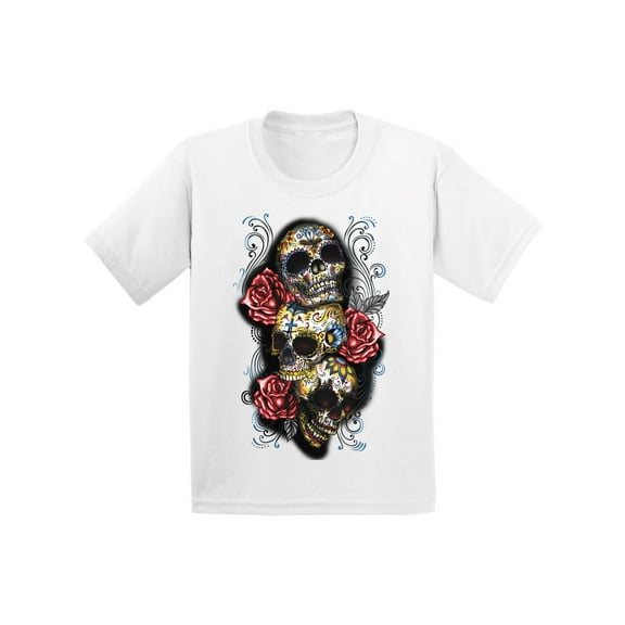 Awkward Styles Three Sugar Skull Tshirt for Kids Skull Red Roses Shirt Sugar Skull Youth Shirt Day of the Dead Shirt Dia de los Muertos Gifts for Kids Skull Shirt Halloween Outfit Sugar Skulls Tshirt