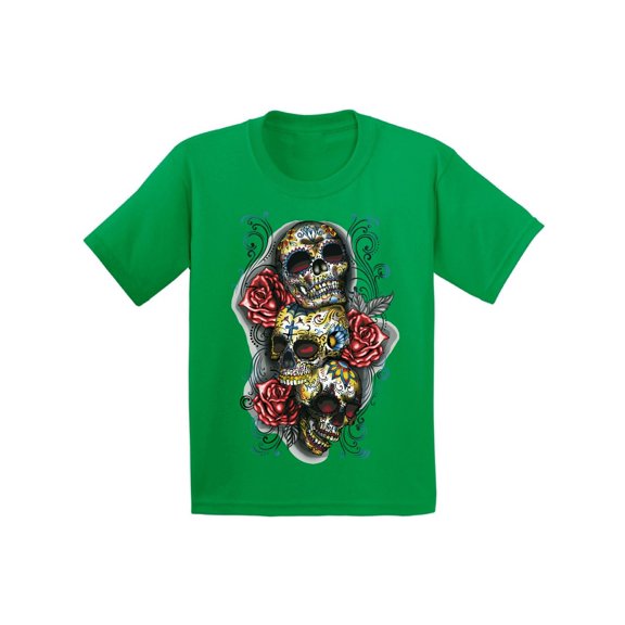 Awkward Styles Three Sugar Skull Tshirt for Kids Skull Red Roses Shirt Sugar Skull Youth Shirt Day of the Dead Shirt Dia de los Muertos Gifts for Kids Skull Shirt Halloween Outfit Sugar Skulls Tshirt