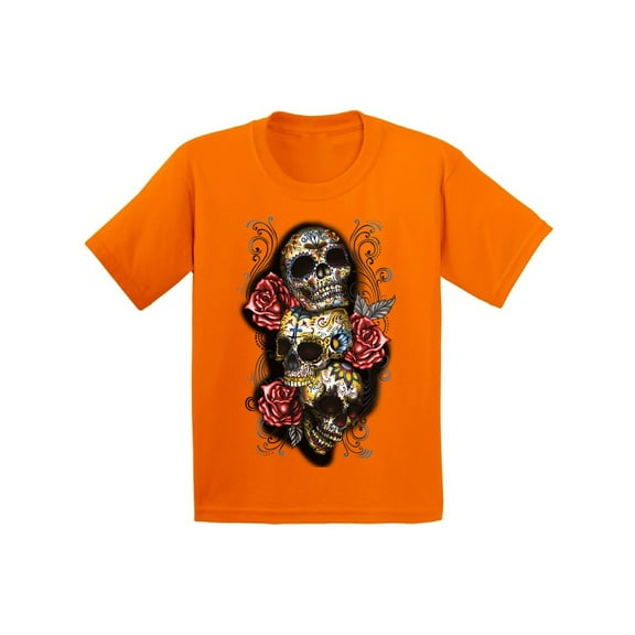 Awkward Styles Three Sugar Skull Tshirt for Kids Skull Red Roses Shirt Sugar Skull Youth Shirt Day of the Dead Shirt Dia de los Muertos Gifts for Kids Skull Shirt Halloween Outfit Sugar Skulls Tshirt