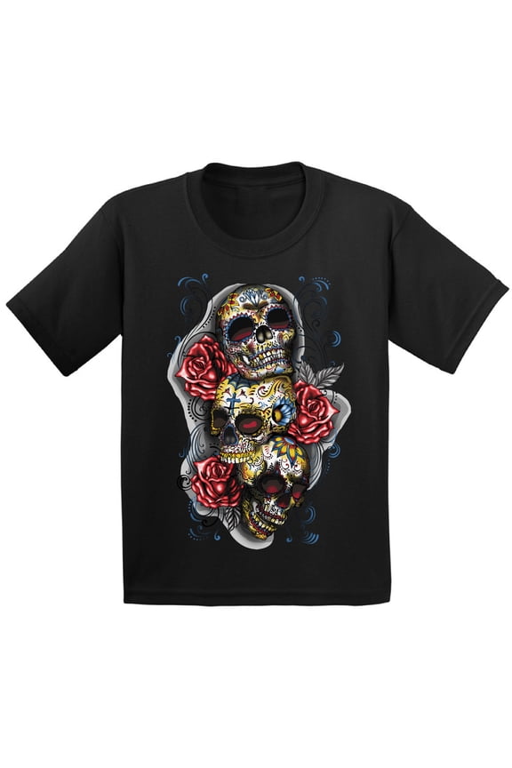 Three Sugar Skull Tshirt for Kids Skull Red Roses Shirt Sugar Skull Youth Shirt Day of the Dead Shirt Dia de los Muertos Gifts for Kids Skull Shirt Halloween Outfit Sugar Skulls Tshirt