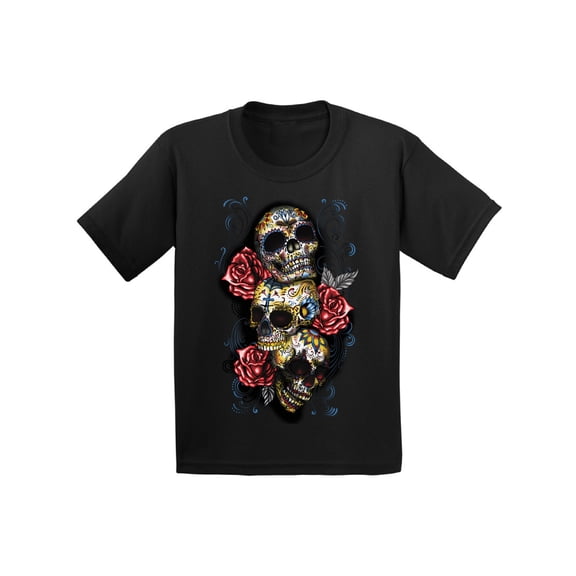 Awkward Styles Three Sugar Skull Tshirt for Kids Skull Red Roses Shirt Sugar Skull Youth Shirt Day of the Dead Shirt Dia de los Muertos Gifts for Kids Skull Shirt Halloween Outfit Sugar Skulls Tshirt