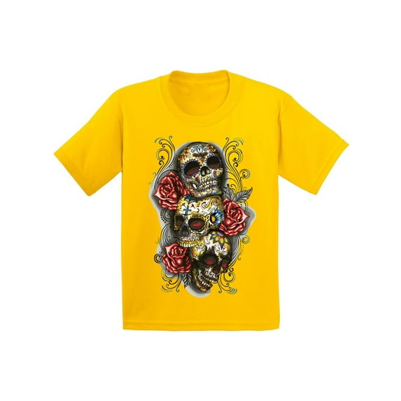 Awkward Styles Three Sugar Skull Tshirt for Kids Skull Red Roses Shirt Sugar Skull Youth Shirt Day of the Dead Shirt Dia de los Muertos Gifts for Kids Skull Shirt Halloween Outfit Sugar Skulls Tshirt