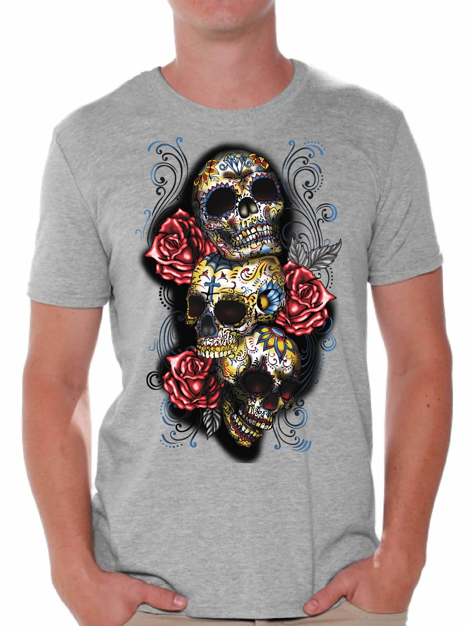 Awkward Styles Three Sugar Skull Tshirt For Men Skull Red Roses Shirt