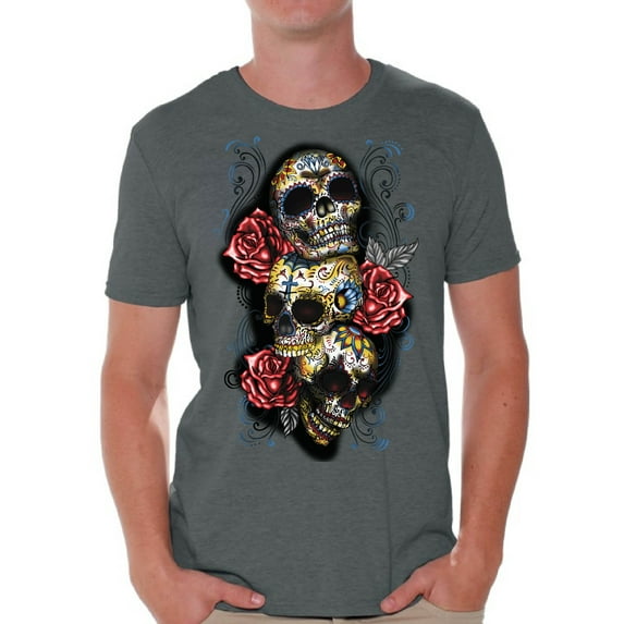 Awkward Styles Three Sugar Skull Tshirt for Men Skull Red Roses Shirt Sugar Skull Shirt Men's Day of the Dead Shirt Dia de los Muertos Gifts for Him Skull T-Shirt Halloween Outfit Sugar Skulls Tshirt