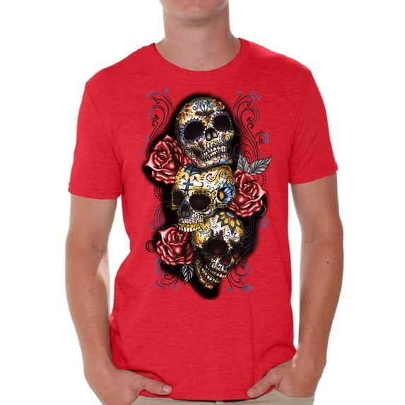 Awkward Styles Three Sugar Skull Tshirt for Men Skull Red Roses Shirt Sugar Skull Shirt Men's Day of the Dead Shirt Dia de los Muertos Gifts for Him Skull T-Shirt Halloween Outfit Sugar Skulls Tshirt