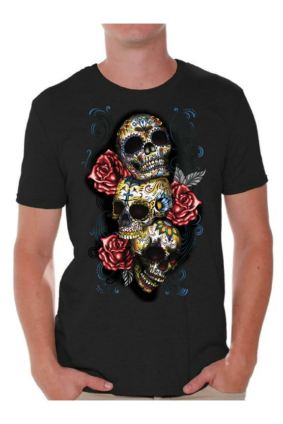 Three Sugar Skull Tshirt for Men Skull Red Roses Shirt Sugar Skull Shirt Men's Day of the Dead Shirt Dia de los Muertos Gifts for Him Skull T-Shirt Halloween Outfit Sugar Skulls Tshirt