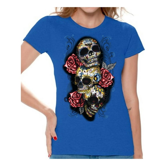 Awkward Styles Three Sugar Skull Tshirt for Women Skull Red Roses Shirt Sugar Skull Shirt Day of the Dead Shirt Dia de los Muertos Gifts for Her Skull T-Shirt Halloween Outfit Sugar Skulls Tshirt