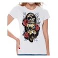 thumbnail image 1 of Awkward Styles Three Sugar Skull Tshirt for Women Skull Red Roses Shirt Sugar Skull Shirt Day of the Dead Shirt Dia de los Muertos Gifts for Her Skull T-Shirt Halloween Outfit Sugar Skulls Tshirt, 1 of 4