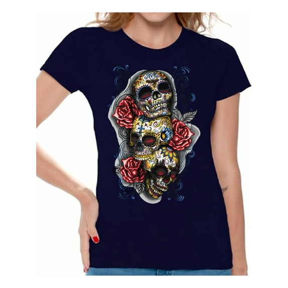 Awkward Styles Three Sugar Skull Tshirt for Women Skull Red Roses Shirt Sugar Skull Shirt Day of the Dead Shirt Dia de los Muertos Gifts for Her Skull T-Shirt Halloween Outfit Sugar Skulls Tshirt