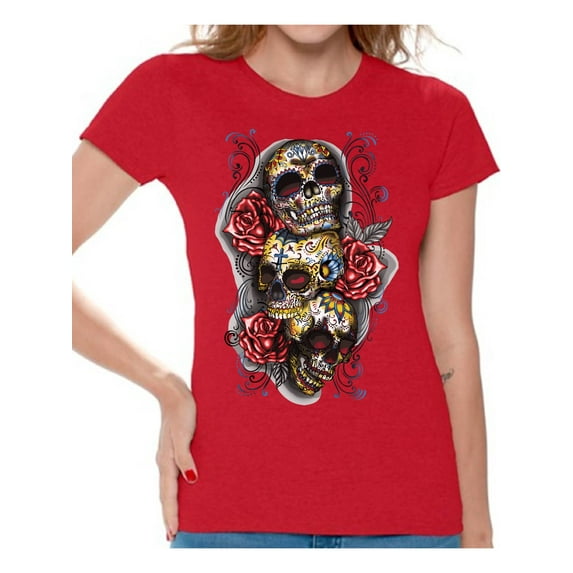 Awkward Styles Three Sugar Skull Tshirt for Women Skull Red Roses Shirt Sugar Skull Shirt Day of the Dead Shirt Dia de los Muertos Gifts for Her Skull T-Shirt Halloween Outfit Sugar Skulls Tshirt