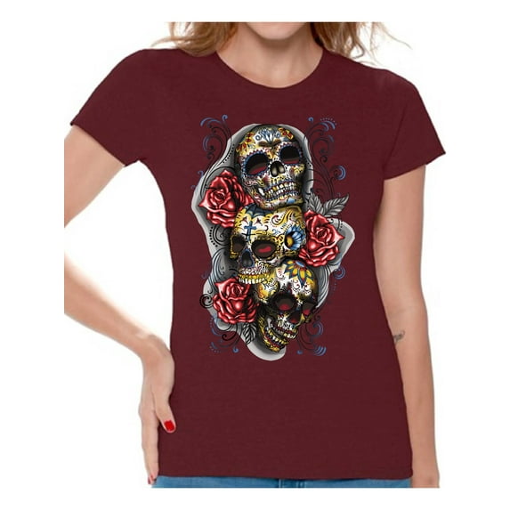 Awkward Styles Three Sugar Skull Tshirt for Women Skull Red Roses Shirt Sugar Skull Shirt Day of the Dead Shirt Dia de los Muertos Gifts for Her Skull T-Shirt Halloween Outfit Sugar Skulls Tshirt