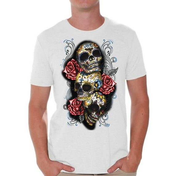 Awkward Styles Three Sugar Skull Tshirt for Men Skull Red Roses Shirt Sugar Skull Shirt Men's Day of the Dead Shirt Dia de los Muertos Gifts for Him Skull T-Shirt Halloween Outfit Sugar Skulls Tshirt