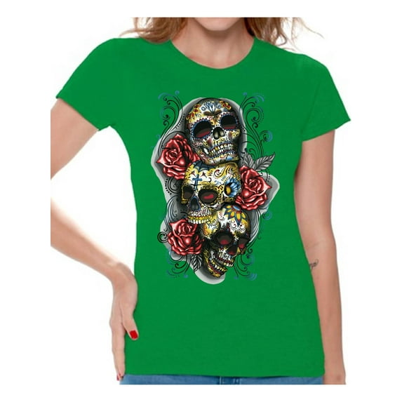 Awkward Styles Three Sugar Skulls Rosess T-shirt Top skull shirts womens day of the dead costume t shirt dia de Los Muertos costume t shirt sugar skull candy skull costume tshirt skull for women