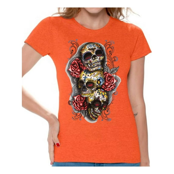 Awkward Styles Three Sugar Skulls Rosess T-shirt Top skull shirts womens day of the dead costume t shirt dia de Los Muertos costume t shirt sugar skull candy skull costume tshirt skull for women