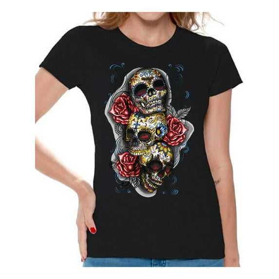 Awkward Styles Three Sugar Skulls Rosess T-shirt Top skull shirts womens day of the dead costume t shirt dia de Los Muertos costume t shirt sugar skull candy skull costume tshirt skull for women