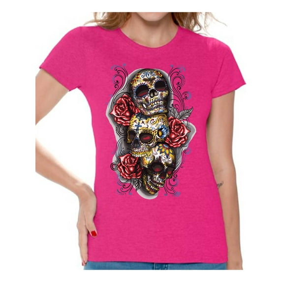 Awkward Styles Three Sugar Skulls Rosess T-shirt Top skull shirts womens day of the dead costume t shirt dia de Los Muertos costume t shirt sugar skull candy skull costume tshirt skull for women