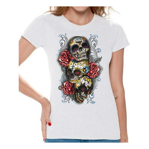 Awkward Styles Three Sugar Skulls Rosess T-shirt Top skull shirts womens day of the dead costume t shirt dia de Los Muertos costume t shirt sugar skull candy skull costume tshirt skull for women