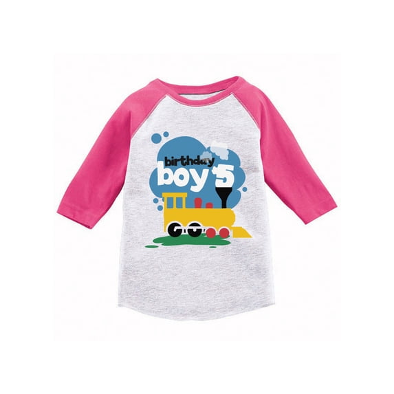 Awkward Styles Toy Train Birthday Boy Youth Raglan 5th Birthday Jersey Shirt for Boys Birthday Gifts for 5 Year Old Fifth Birthday Party Outfit Boys B-Day Baseball Jersey Shirt Truck Themed Party