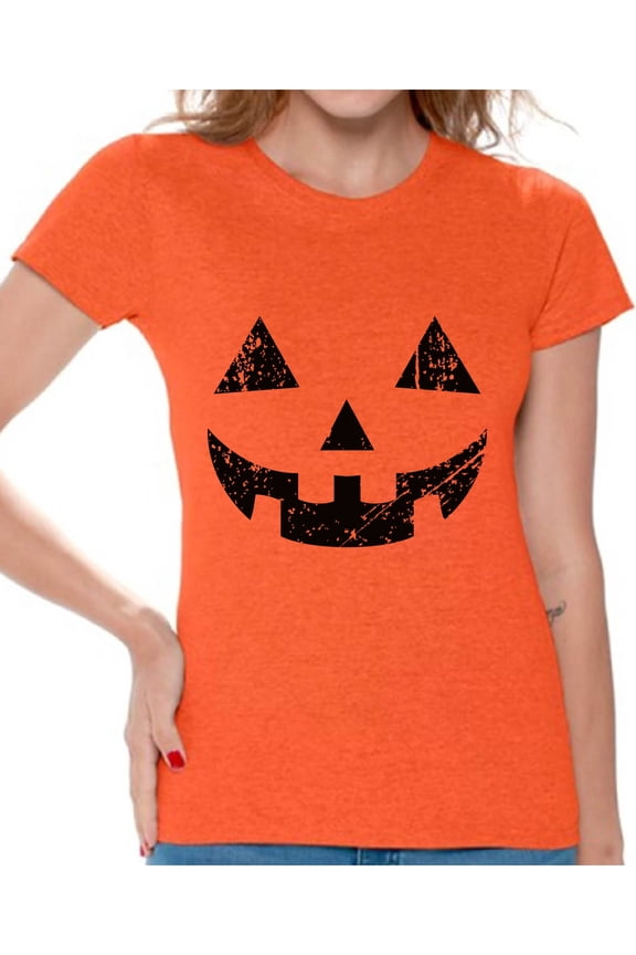 Trick or Treat Face Tshirt for Women Halloween Shirt Pumpkin Face Women's Shirt Trick or Treat Outfit Halloween Party T Shirt Day of the Dead Shirts for Women Dia de los Muertos Gifts