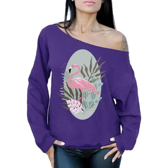Awkward Styles Tropical Flamingo Ladies Off Shoulder Sweater Summer Clothing for Women Pink Flamingo Oversized Sweatshirt for Mom Funny Summer Clothes Flamingo Off The Shoulder Sweatshirt for Women