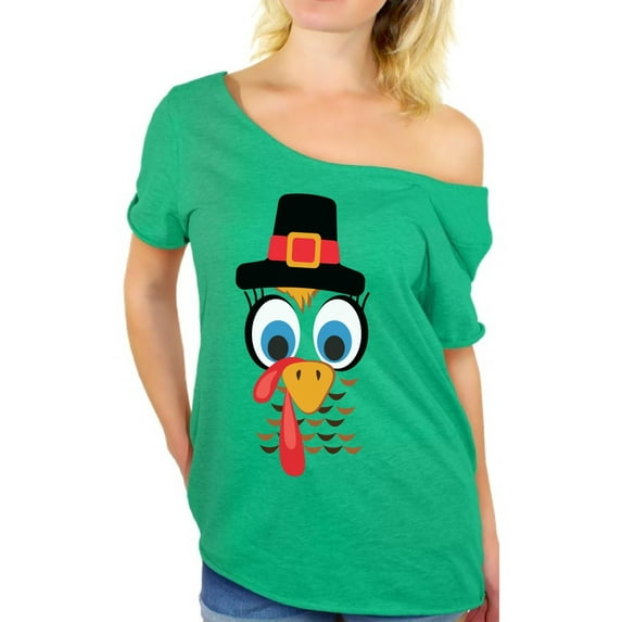 Awkward Styles Turkey Shirt for Women Thanksgiving Turkey Face Off the Shoulder T-Shirt