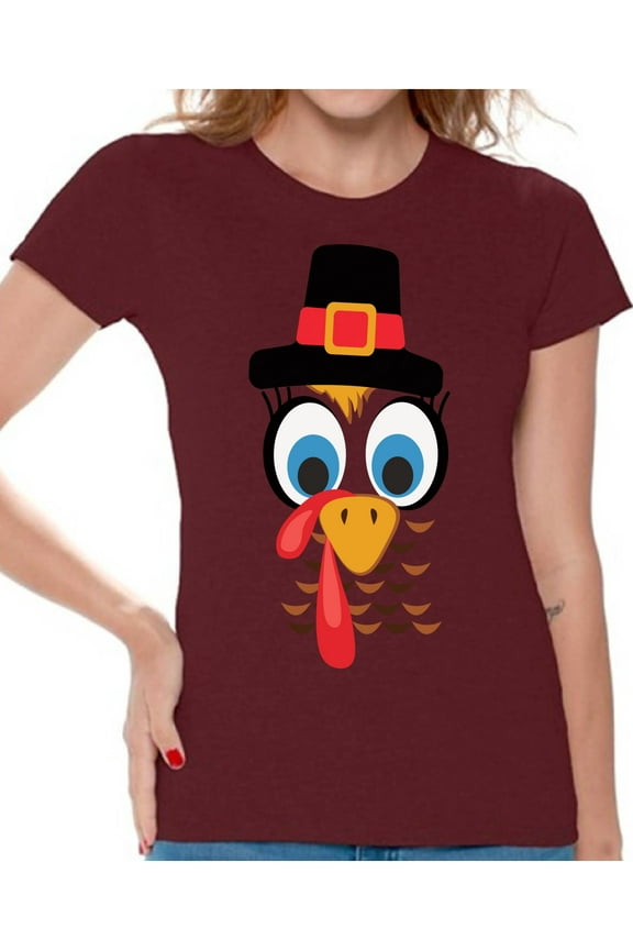 Turkey Shirt for Women Thanksgiving Turkey Face T-Shirt