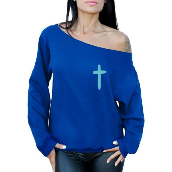 Awkward Styles Turquoise Cross Ladies Off The Shoulder Sweatshirts Cross Sweater Jesus Clothing for Women Cross Oversized Sweatshirt Christian Cross Clothes Cross Off The Shoulder Sweatshirt for Women