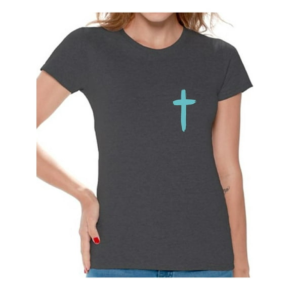 Awkward Styles Turquoise Cross Shirt for Women Christian Clothes for Ladies Following Jesus Womens T-Shirt Christian Gifts Jesus Shirts Jesus Cross Clothing Jesus T Shirt for Her Cross Ladies Shirt