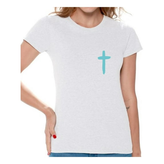 Awkward Styles Turquoise Cross Shirt for Women Christian Clothes for Ladies Following Jesus Womens T-Shirt Christian Gifts Jesus Shirts Jesus Cross Clothing Jesus T Shirt for Her Cross Ladies Shirt