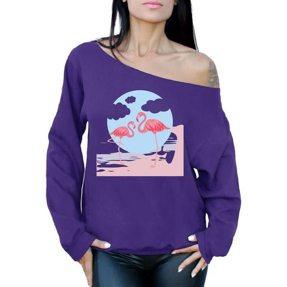 Awkward Styles Two Flamingos Ladies Off Shoulder Sweater Summer Clothing for Women Pink Flamingo Oversized Sweatshirt for Mom Funny Summer Clothes Flamingo Off The Shoulder Sweatshirt for Women