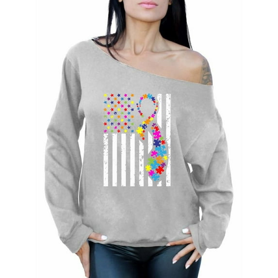 Awkward Styles USA Flag Autism Off Shoulder Sweatshirt Autism Awareness Ribbon Sweater American Flag Colorful Sweatshirt for Women Support Autism Awareness Off Shoulder Top Autistic Spectrum Awareness