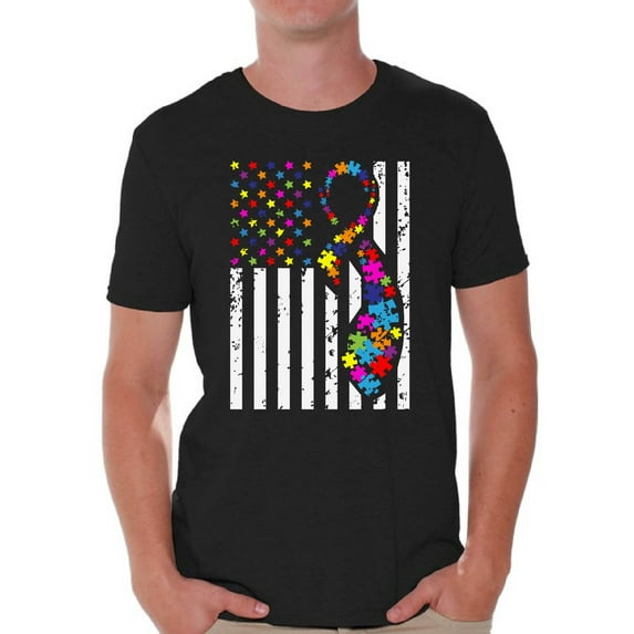 Awkward Styles USA Flag Autism Shirts for Men Autism Awareness Ribbon T-shirt American Flag Colorful Men's Tee Shirt Tops Support Autism Awareness Tshirt for Men Autistic Spectrum Awareness Shirts