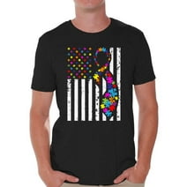 Awkward Styles USA Flag Autism Shirts for Men Autism Awareness Ribbon T-shirt American Flag Colorful Men's Tee Shirt Tops Support Autism Awareness Tshirt for Men Autistic Spectrum Awareness Shirts