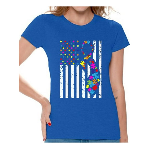 Awkward Styles USA Flag Autism Shirts for Women Autism Awareness Ribbon T-shirt American Flag Colorful Women's Tops Support Autism Awareness Tshirt for Women Autistic Spectrum Awareness Shirts