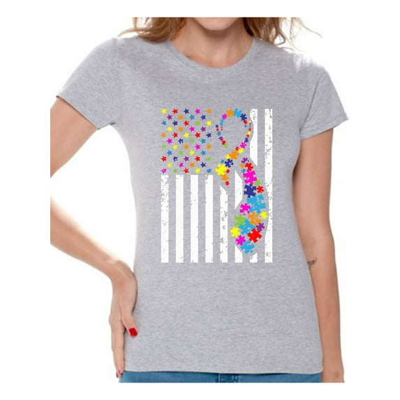 Awkward Styles USA Flag Autism Shirts for Women Autism Awareness Ribbon T-shirt American Flag Colorful Women's Tops Support Autism Awareness Tshirt for Women Autistic Spectrum Awareness Shirts