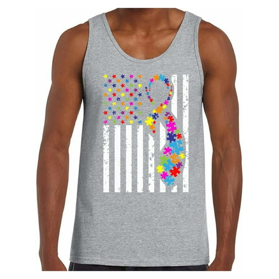 Awkward Styles USA Flag Autism Tank Tops for Men Autism Awareness Ribbon Tank Top American Flag Colorful Men's Tank Top Support Autism Awareness Tanks for Men Autistic Spectrum Awareness Tank Tops