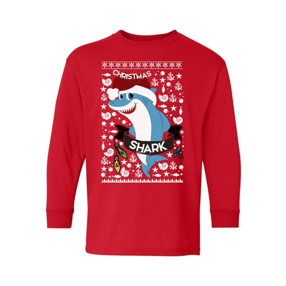 Awkward Styles Christmas Long Sleeve Shirt for Kids Youth Boys Girls Blue Xmas Shark Shirt