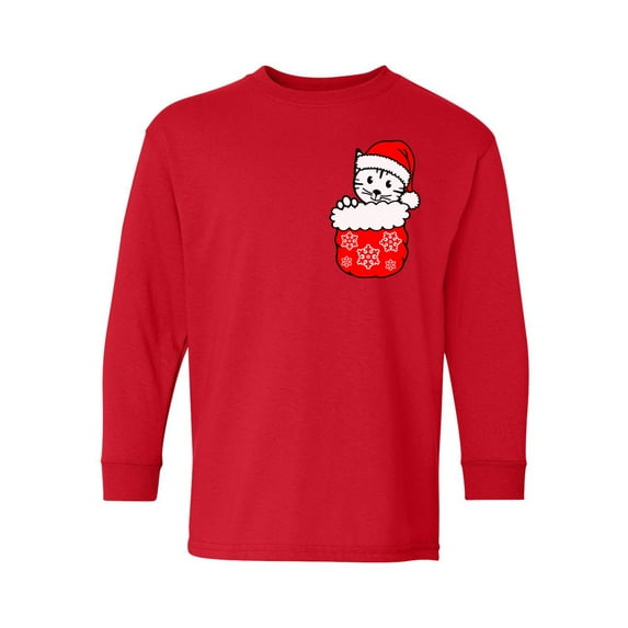 Awkward Styles Christmas Long Sleeve Shirt for Kids Youth Boys Girls Little Xmas Cat Shirt Pocket Print