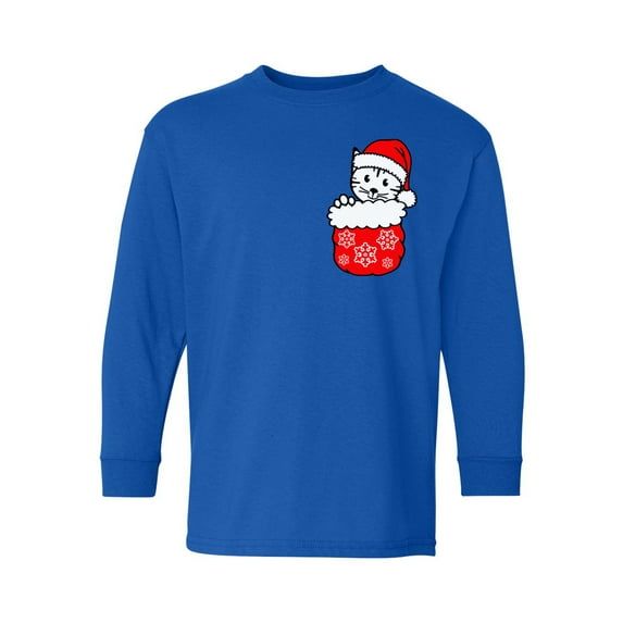 Awkward Styles Christmas Long Sleeve Shirt for Kids Youth Boys Girls Little Xmas Cat Shirt Pocket Print