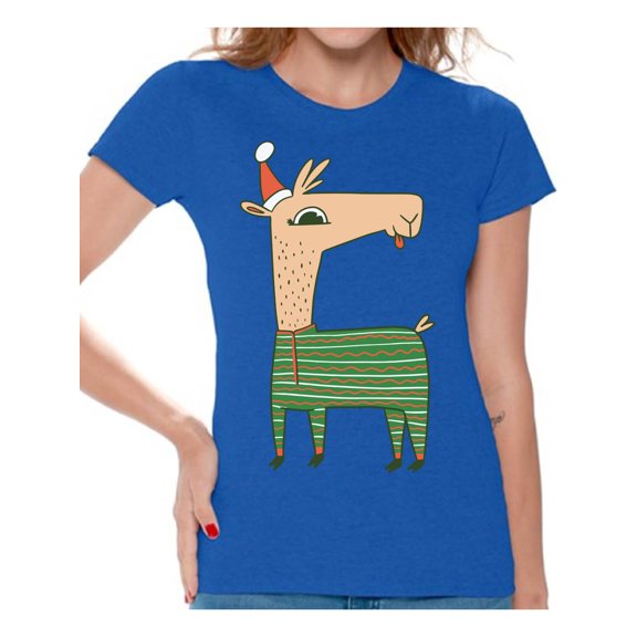 Awkward Styles Christmas Shirts for Women Xmas Llama in Santa's Hat Funny Pattern T-Shirt