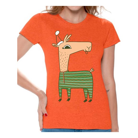 Awkward Styles Christmas Shirts for Women Xmas Llama in Santa's Hat Funny Pattern T-Shirt