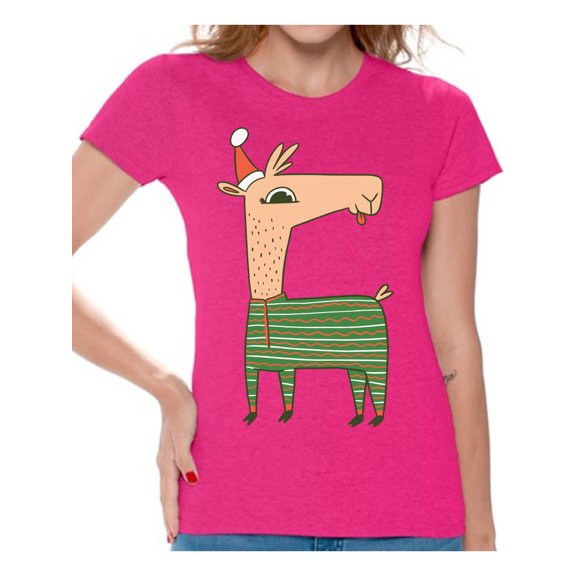 Awkward Styles Christmas Shirts for Women Xmas Llama in Santa's Hat Funny Pattern T-Shirt