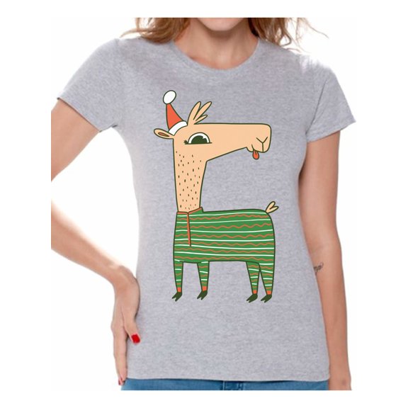 Awkward Styles Christmas Shirts for Women Xmas Llama in Santa's Hat Funny Pattern T-Shirt