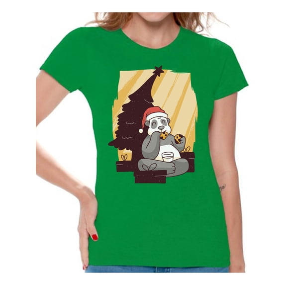 Awkward Styles Christmas Shirts for Women Xmas Panda with Cookies T-Shirt