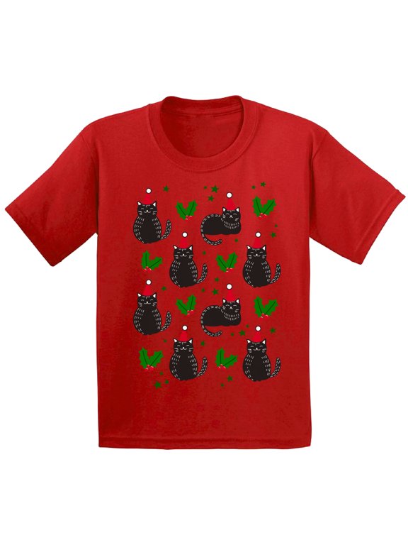 Christmas T-Shirt for Boys Girls Cat Xmas Pattern Kids T Shirts